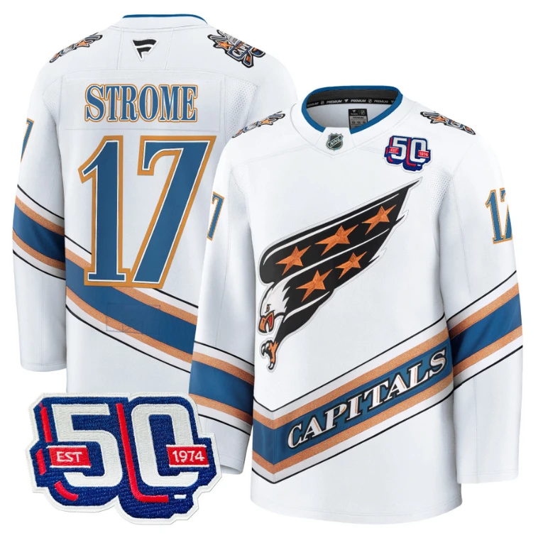 Men Dylan Strome Jersey #17 Washington Capitals Eagle 50th Anniversary White (Copy) by Hockey David