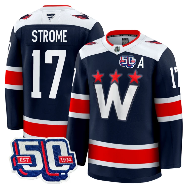 Men Dylan Strome Jersey #17 Washington Capitals Team 50th V2 Stitched Navy by Hockey David