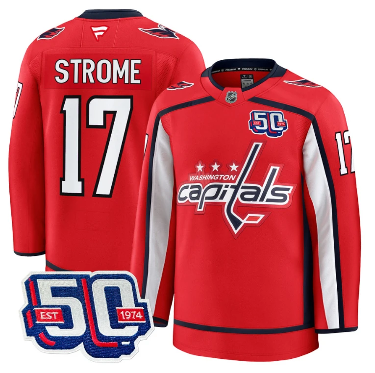 Men Dylan Strome Jersey #17 Washington Capitals Team 50th V2 Stitched Red by Hockey David