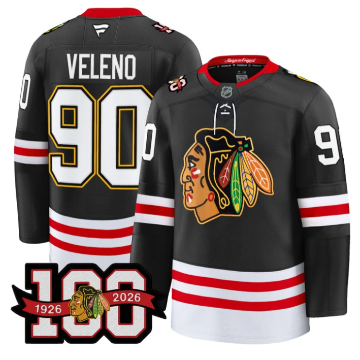 Men Joe Veleno Jersey #90 Chicago Blackhawks 100th Anniversary Stitched Black by Hockey David