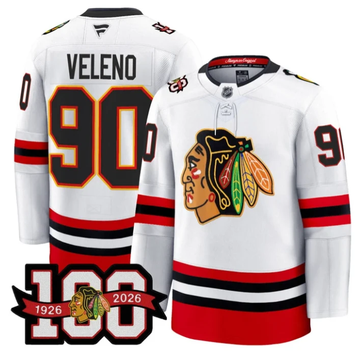 Men Joe Veleno Jersey #90 Chicago Blackhawks 100th Anniversary Stitched White by Hockey David