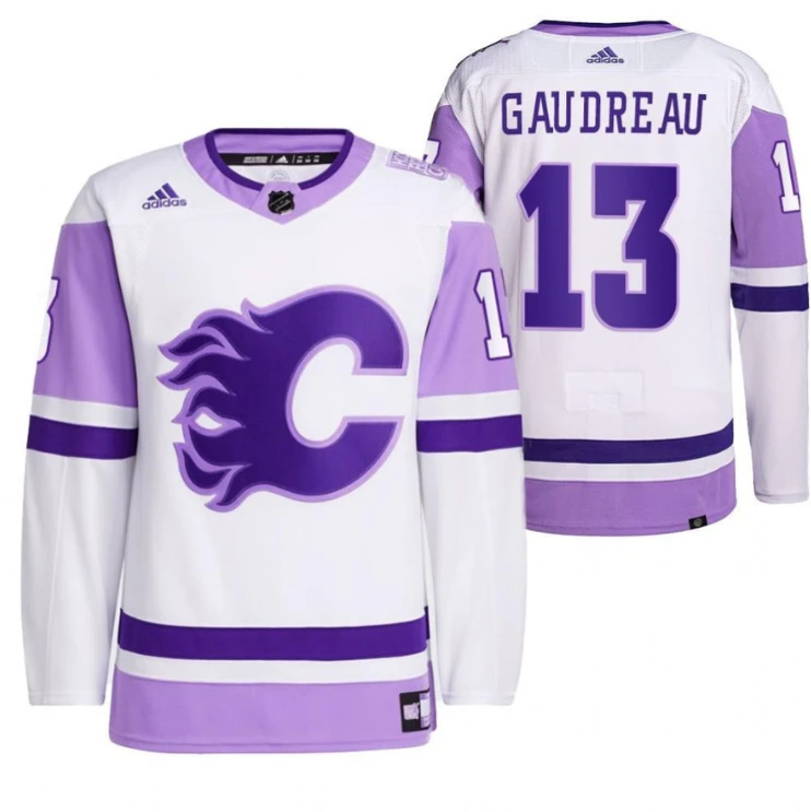 Men Johnny Gaudreau 2021 HockeyFightsCancer Calgary Flames White 13 Primegreen Jersey Jersey by Hockey David