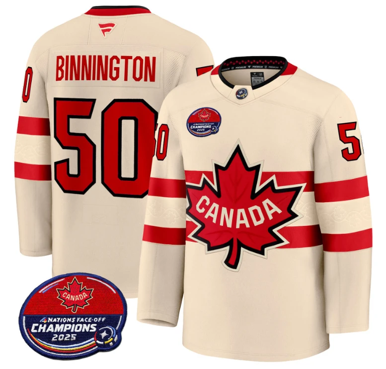 Men Jordan Binnington Jersey #50 Canada 4 Nations 2025 Champions V2 Cream by Hockey David