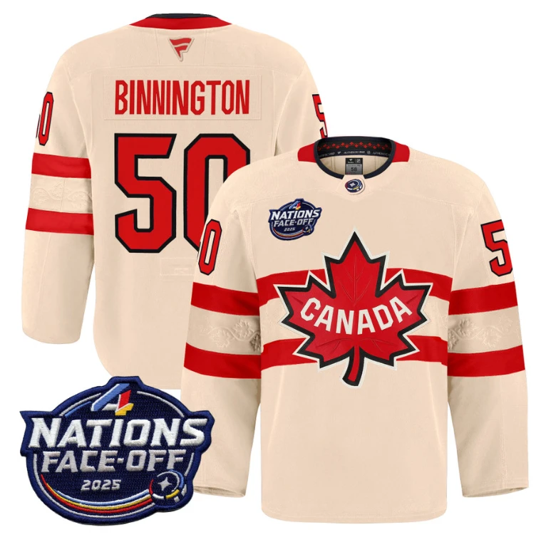 Men Jordan Binnington Jersey #50 Canada 4 Nations Face-Off 2025 Pro Cream by Hockey David