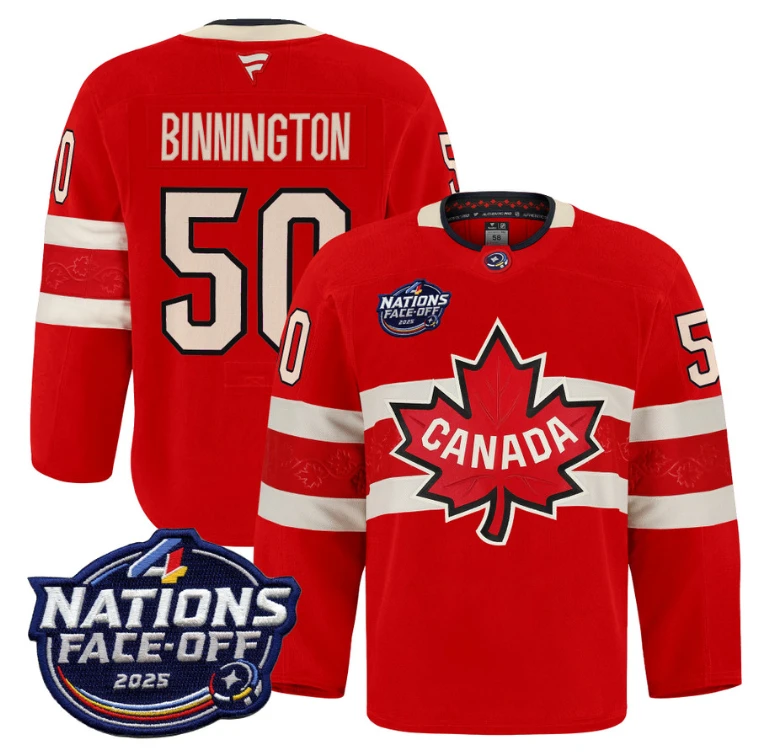 Men Jordan Binnington Jersey #50 Canada 4 Nations Face-Off 2025 Pro Red by Hockey David