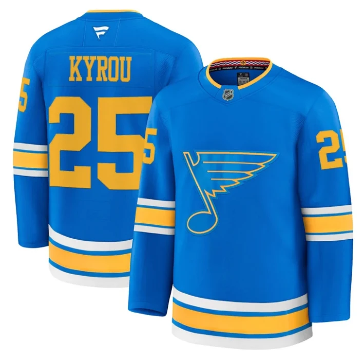 Men Jordan Kyrou Jersey #25 St. Louis Blues 2025-26 Premium Stitched Blue by Hockey David