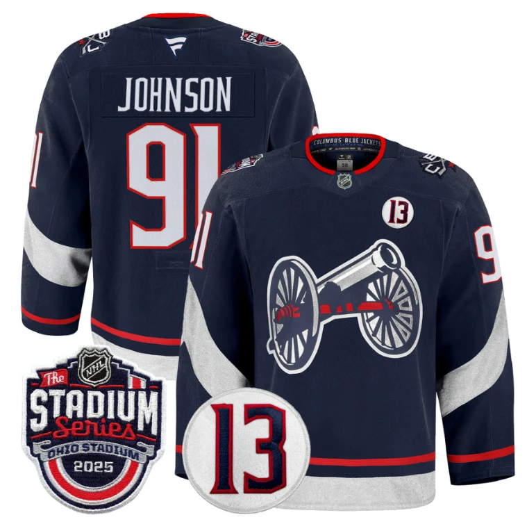 Men Kent Johnson Jersey #91 Columbus Blue Jackets 2025 Stadium Series Navy by Hockey David