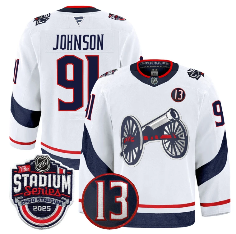 Men Kent Johnson Jersey #91 Columbus Blue Jackets 2025 Stadium Series White by Hockey David