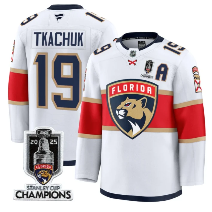 Men Matthew Tkachuk Jersey #19 Florida Panthers 2025 Stanley Cup Champions White by Hockey David