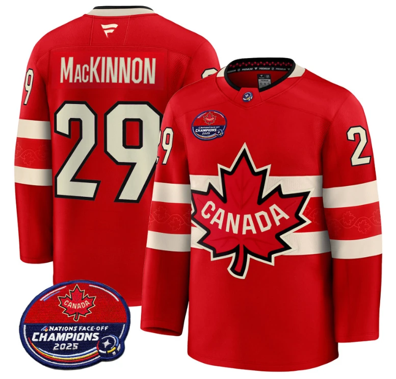 Men Nathan MacKinnon Jersey #29 Canada 4 Nations Face-Off 2025 Champions V2 Red by Hockey David