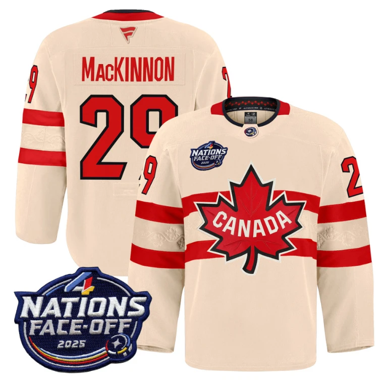 Men Nathan MacKinnon Jersey #29 Canada 4 Nations Face-Off 2025 Pro Cream by Hockey David