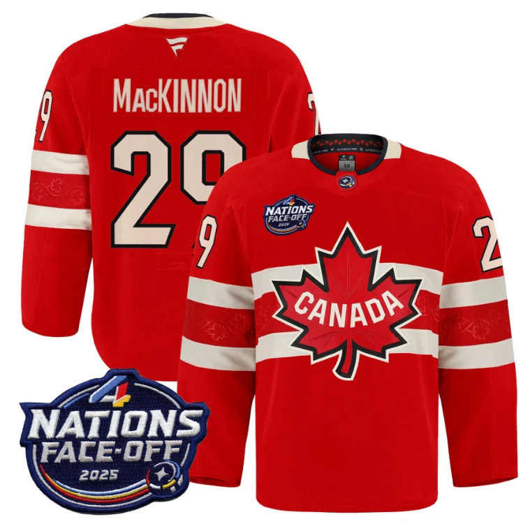 Men Nathan MacKinnon Jersey #29 Canada 4 Nations Face-Off 2025 Pro Red by Hockey David