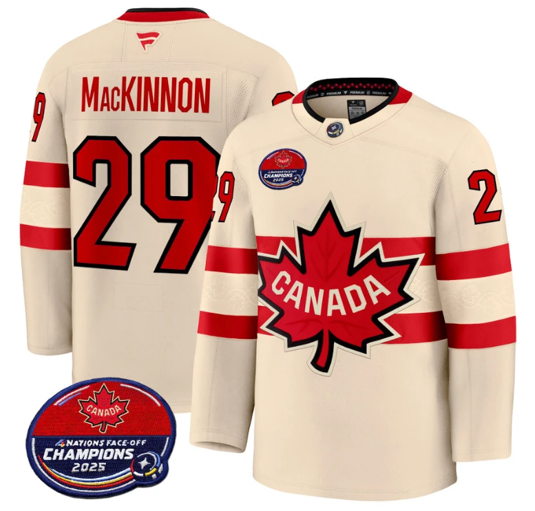 Men Nathan MacKinnon Jersey #29 Canada 4 Nations FaceOff 2025 Champions V2 Black by Hockey David