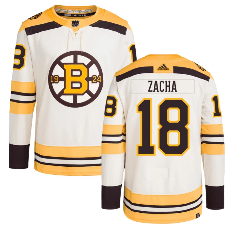 Men Pavel Zacha 18 Boston Bruins 100th Anniversary Primegreen Third Men Jersey Cream by Hockey David