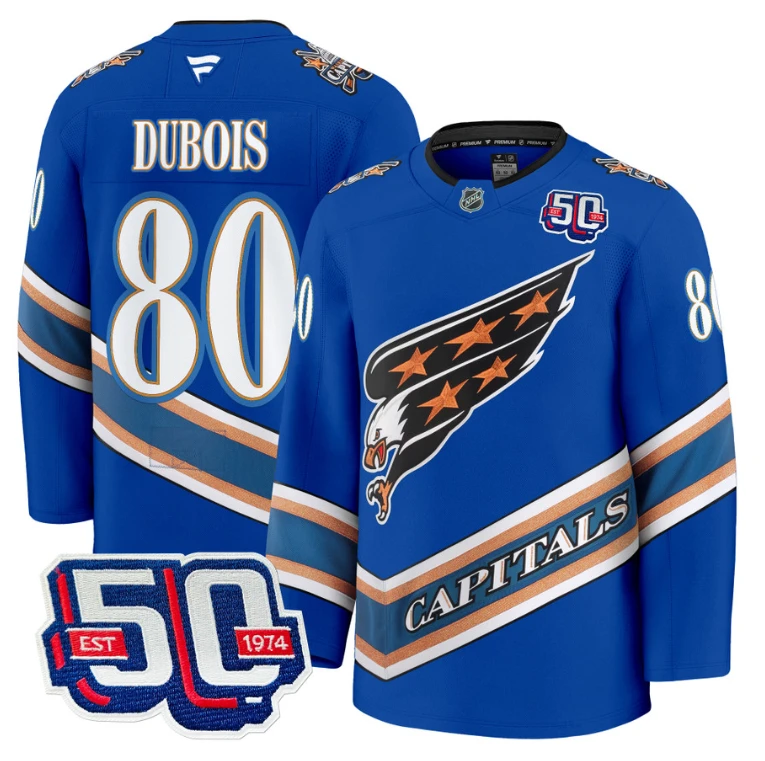 Men Pierre Dubois Jersey #80 Washington Capitals Eagle 50th Anniversary Royal by Hockey David