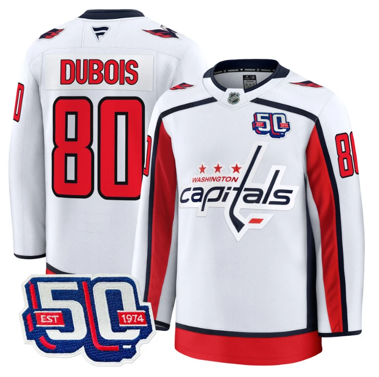 Men Pierre Dubois Jersey #80 Washington Capitals Team 50th V2 Stitched White by Hockey David