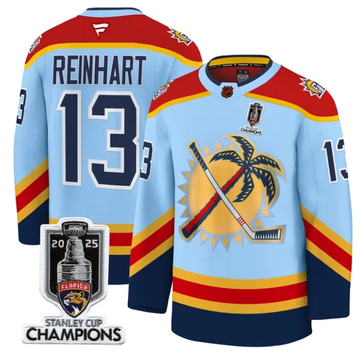 Men Sam Reinhart Jersey #13 Florida Panthers 2025 Stanley Cup Champions Blue by Hockey David