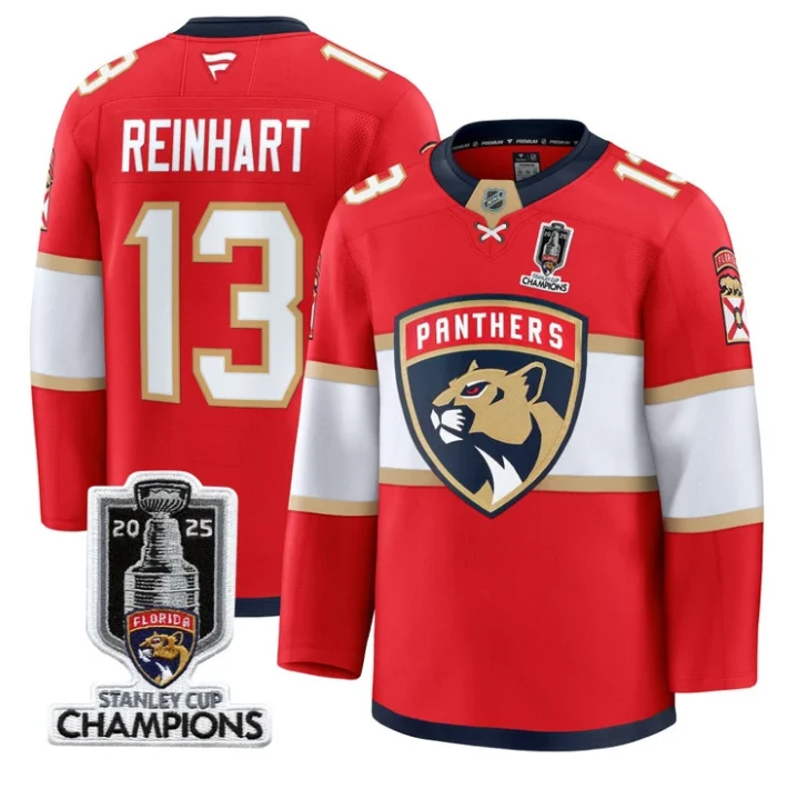Men Sam Reinhart Jersey #13 Florida Panthers 2025 Stanley Cup Champions Red by Hockey David