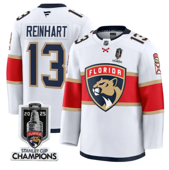 Men Sam Reinhart Jersey #13 Florida Panthers 2025 Stanley Cup Champions White by Hockey David