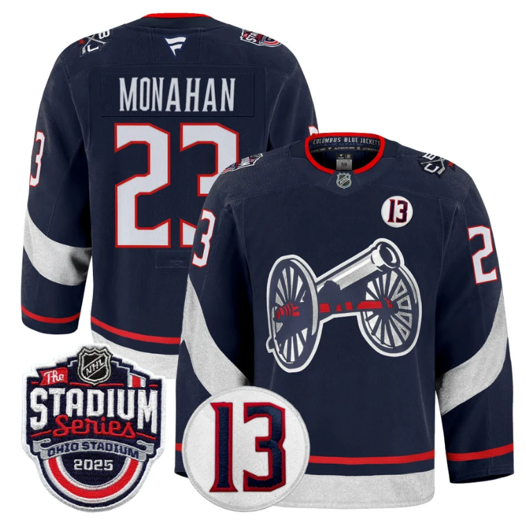 Men Sean Monahan Jersey #23 Columbus Blue Jackets 2025 Stadium Series Navy (Copy) by Hockey David