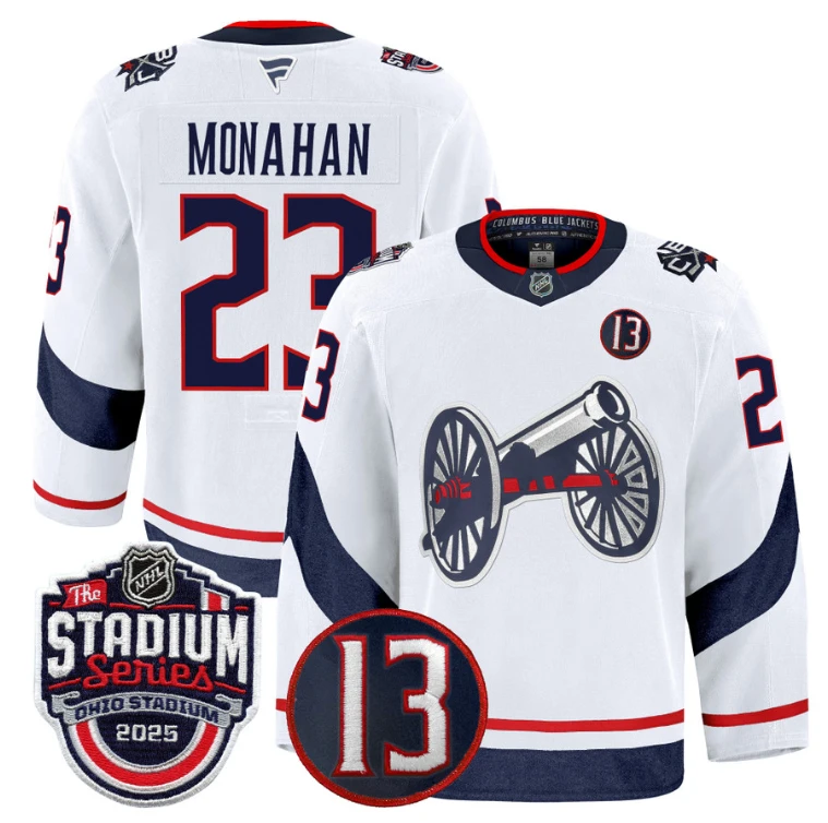 Men Sean Monahan Jersey #23 Columbus Blue Jackets 2025 Stadium Series White by Hockey David