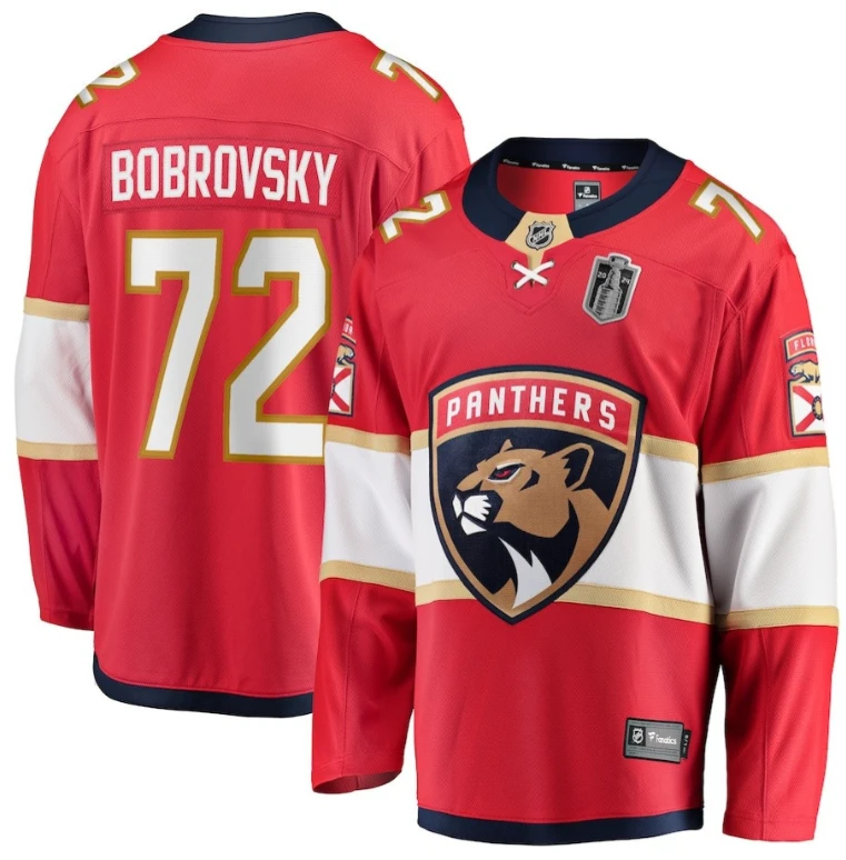 Men Sergei Bobrovsky 72 Florida Panthers 2024 Stanley Cup Final Home Breakaway Player Jersey Red by Hockey David