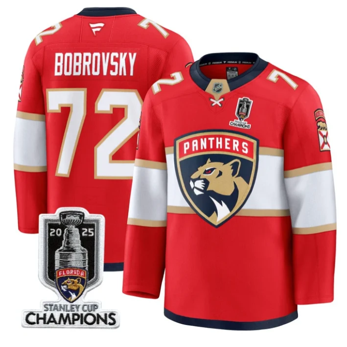 Men Sergei Bobrovsky Jersey #72 Florida Panthers 2025 Stanley Cup Champions Red by Hockey David
