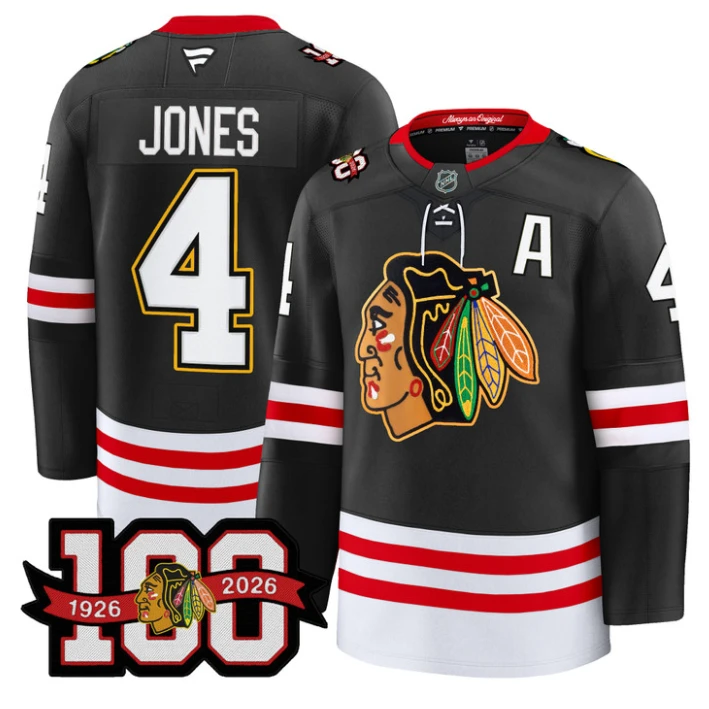 Men Seth Jones Jersey #4 Chicago Blackhawks 100th Anniversary Stitched Black by Hockey David