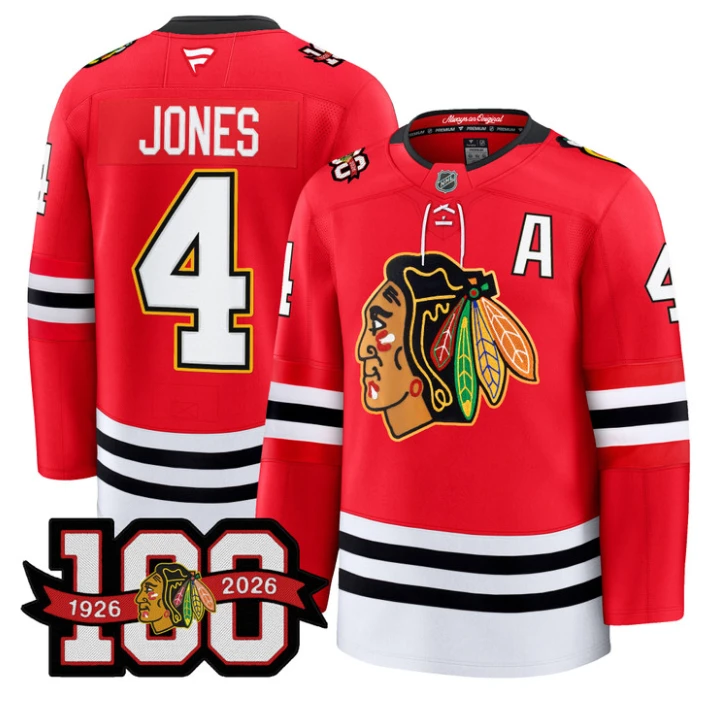 Men Seth Jones Jersey #4 Chicago Blackhawks 100th Anniversary Stitched Red by Hockey David