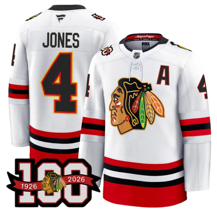 Men Seth Jones Jersey #4 Chicago Blackhawks 100th Anniversary Stitched White by Hockey David