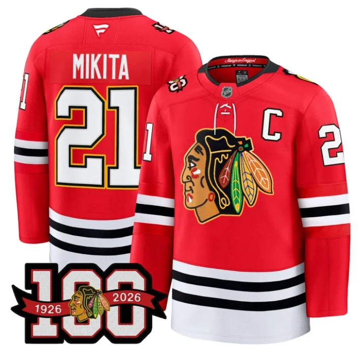 Men Stan Mikita Jersey #21 Chicago Blackhawks 100th Anniversary Stitched Red by Hockey David