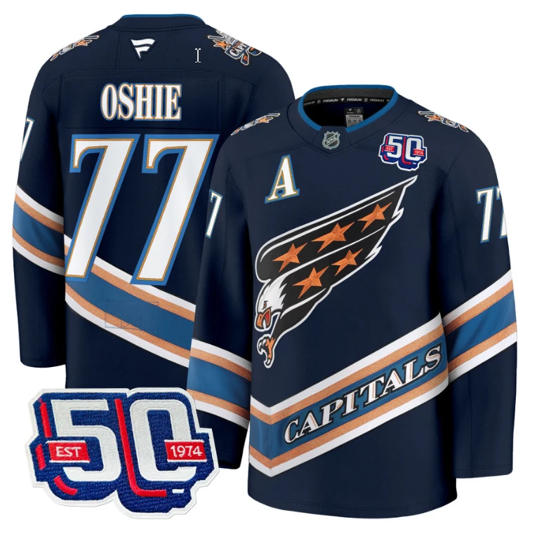 Men TJ Oshie Jersey #77 Washington Capitals Eagle 50th Anniversary Navy by Hockey David