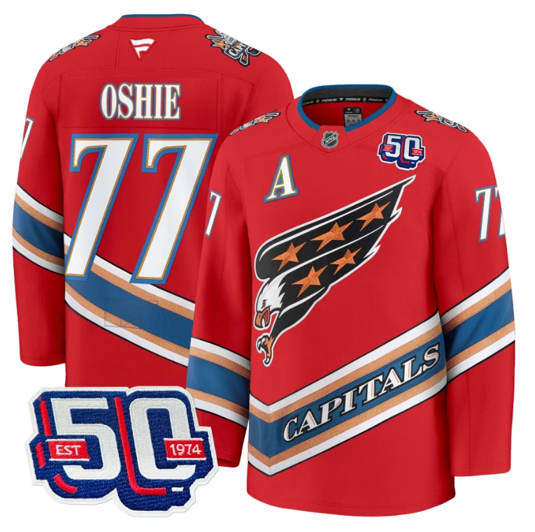 Men TJ Oshie Jersey #77 Washington Capitals Eagle 50th Anniversary Red by Hockey David