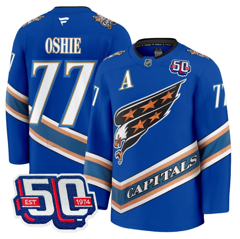 Men TJ Oshie Jersey #77 Washington Capitals Eagle 50th Anniversary Royal by Hockey David