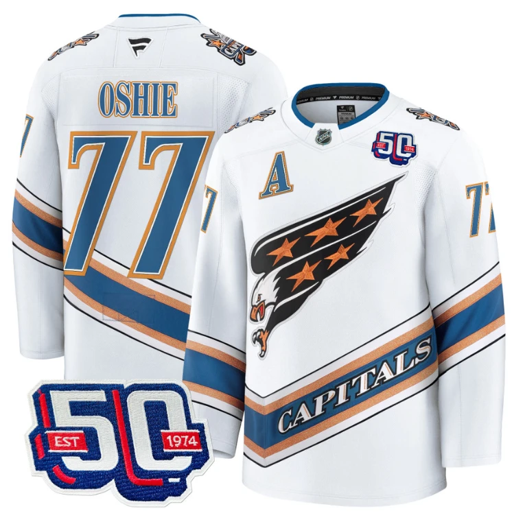 Men TJ Oshie Jersey #77 Washington Capitals Eagle 50th Anniversary White by Hockey David