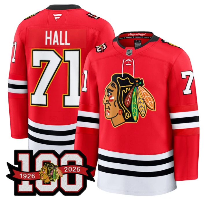 Men Taylor Hall Jersey #71 Chicago Blackhawks 100th Anniversary Stitched Red by Hockey David