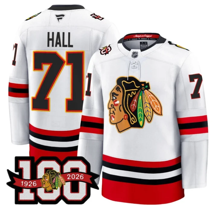 Men Taylor Hall Jersey #71 Chicago Blackhawks 100th Anniversary Stitched White by Hockey David