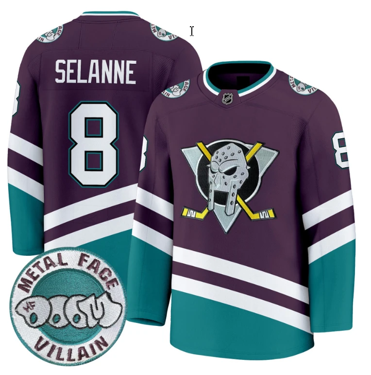 Men Teemu Selänne Jersey #8 Anaheim Ducks MF DOOM Metal Face Villain Stitched by Hockey David