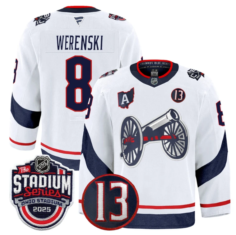 Men Zach Werenski Jersey #8 Columbus Blue Jackets 2025 Stadium Series White by Hockey David