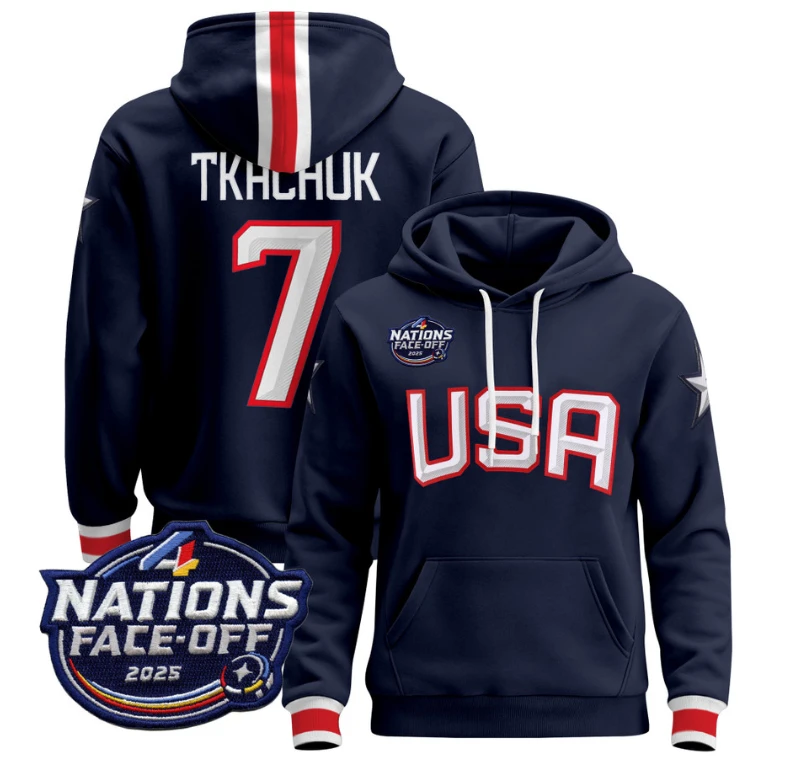 Men Brady Tkachuk Hoodie #7 USA 4 Nations Face-Off 2025 Pullover Stitched by Hoodie Pullover