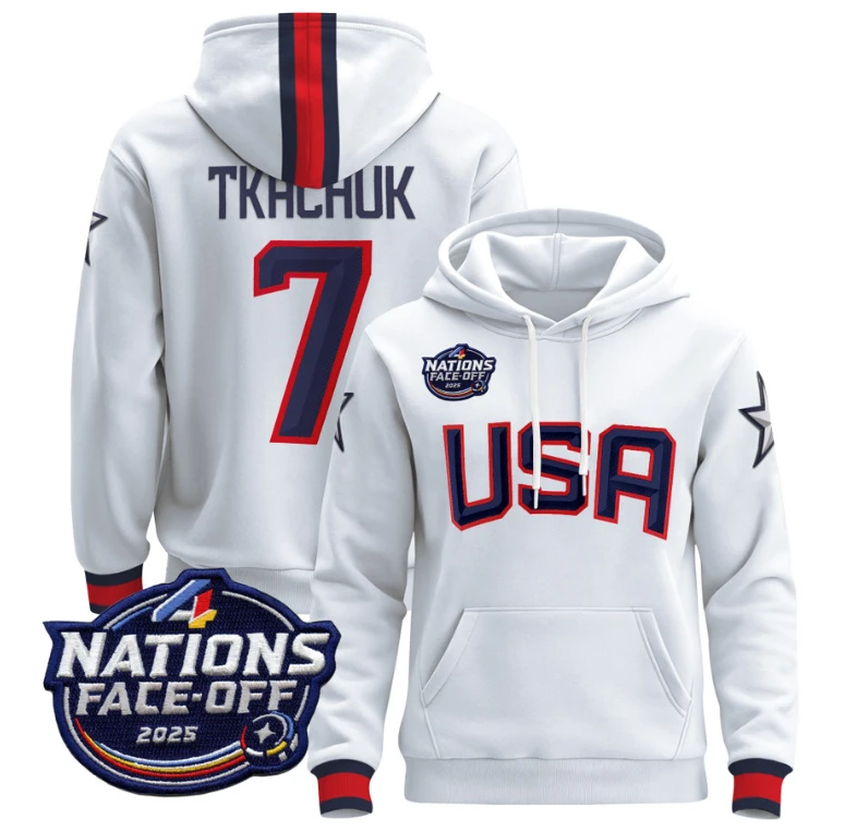 Men Brady Tkachuk Hoodie #7 USA 4 Nations Face-Off 2025 Pullover Stitched by Hoodie Pullover