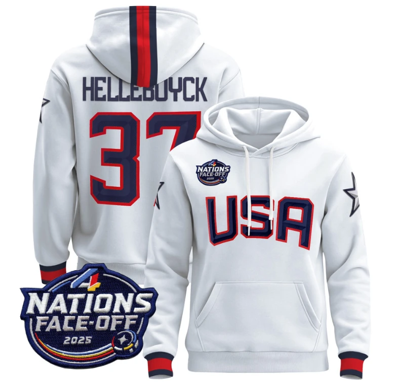 Men Connor Hellebuyck Hoodie #37 USA 4 Nations Face-Off 2025 Pullover by Hoodie Pullover