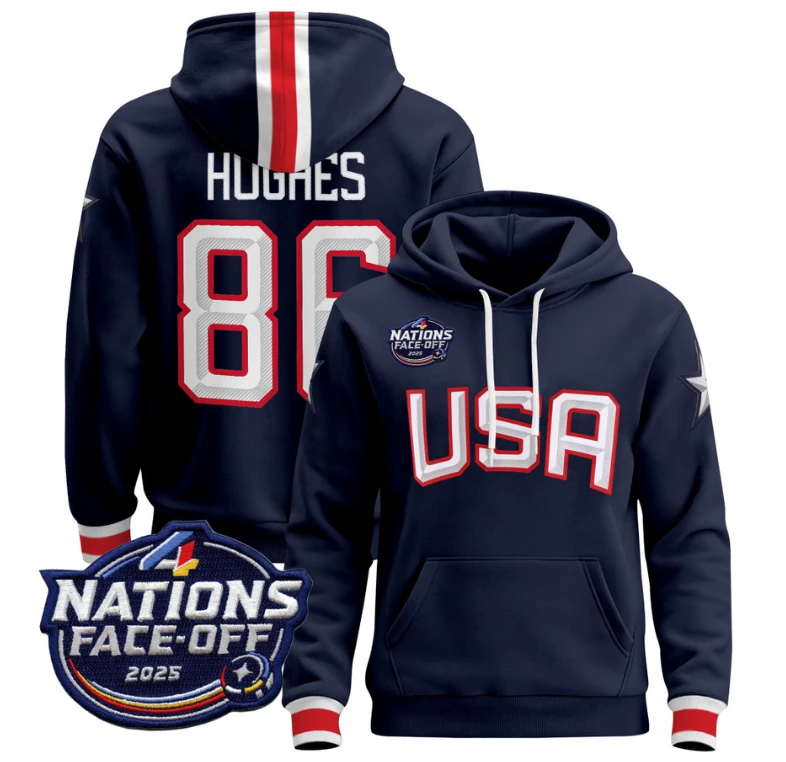 Men Jack Hughes Hoodie #86 USA 4 Nations Face-Off 2025 Pullover Stitched by Hoodie Pullover
