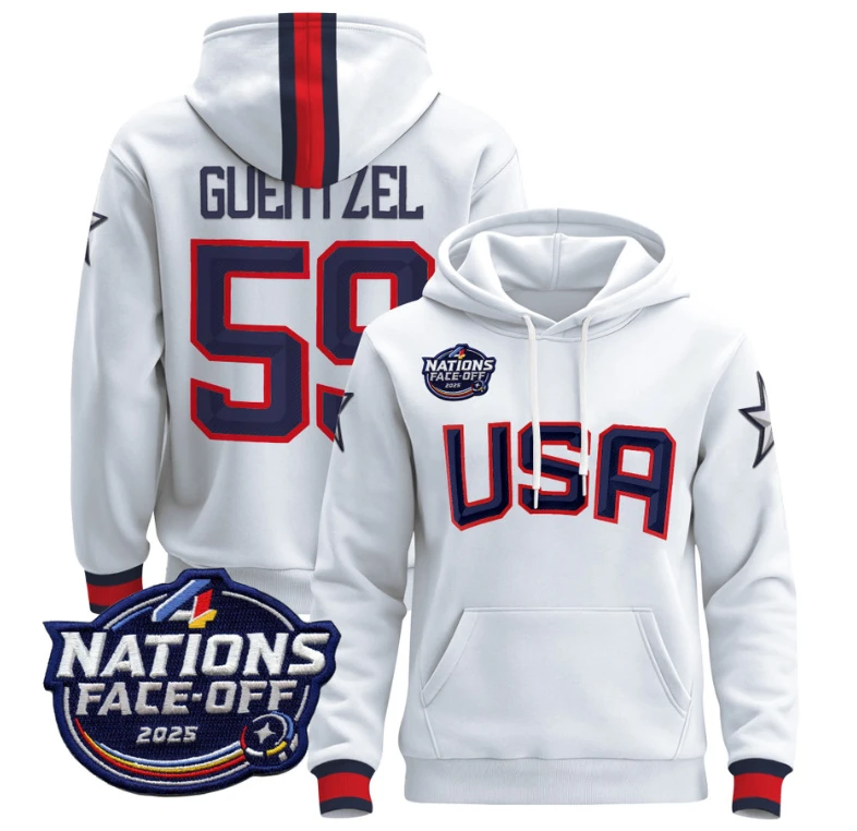 Men Jake Guentzel Hoodie #59 USA 4 Nations Face-Off 2025 Pullover Stitched by Hoodie Pullover