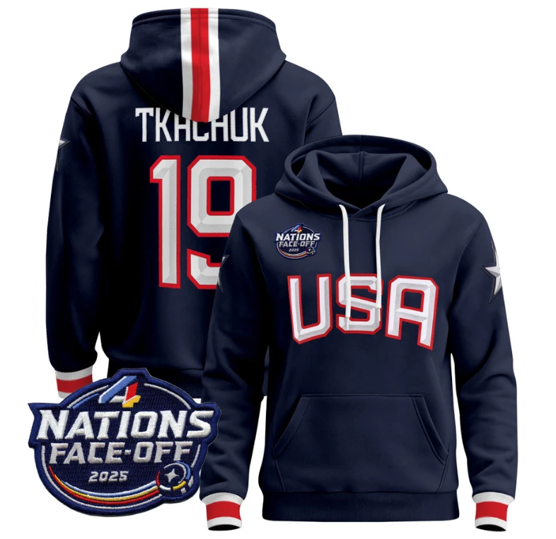 Men Matthew Tkachuk Hoodie #19 USA 4 Nations Face-Off 2025 Pullover by Hoodie Pullover