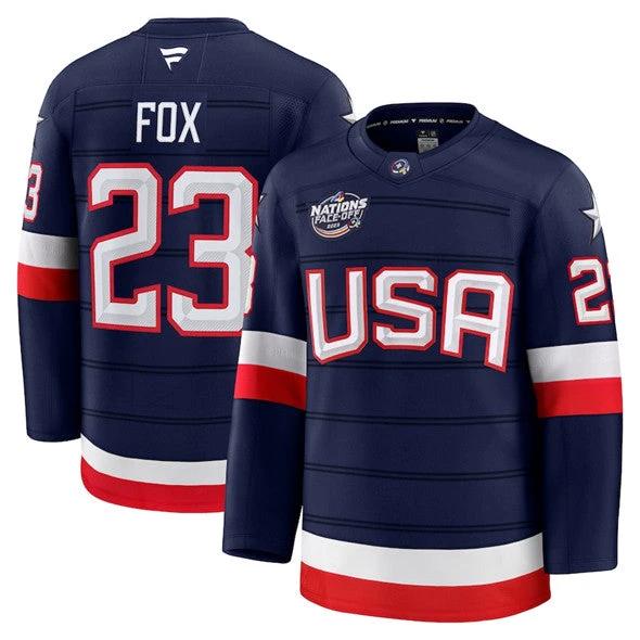 Men's Adam Fox Jersey #23 USA Navy 2025 4 Nations Face-Off All Stitched by Hockey David