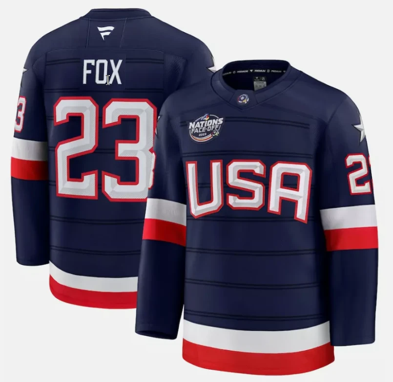 Men's Adam FoxJersey #23 USA Navy 2025 4 Nations Face-Off Stitched by Hockey David