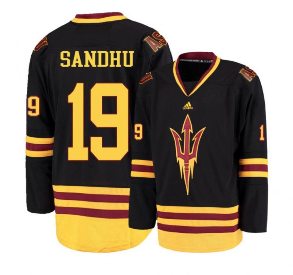 Men's Arizona State Sun Devils #19 Jordan Sandhu Hockey Stitched Black Jersey by Hockey David