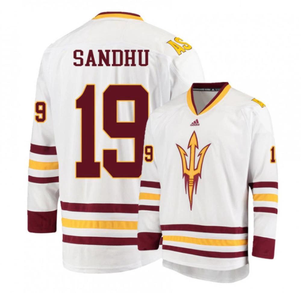 Men's Arizona State Sun Devils #19 Jordan Sandhu Hockey Stitched White Jersey by Hockey David