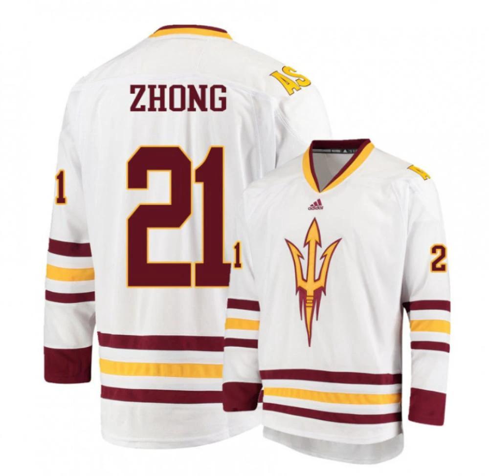 Men's Arizona State Sun Devils #21 Peter Zhong Hockey All Stitched White Jersey by Hockey David
